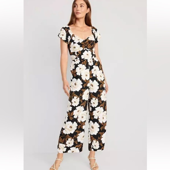 Old Navy Floral Flutter Sleeve Black Brown Floral Romper Jumpsuit Size L - Picture 3 of 9